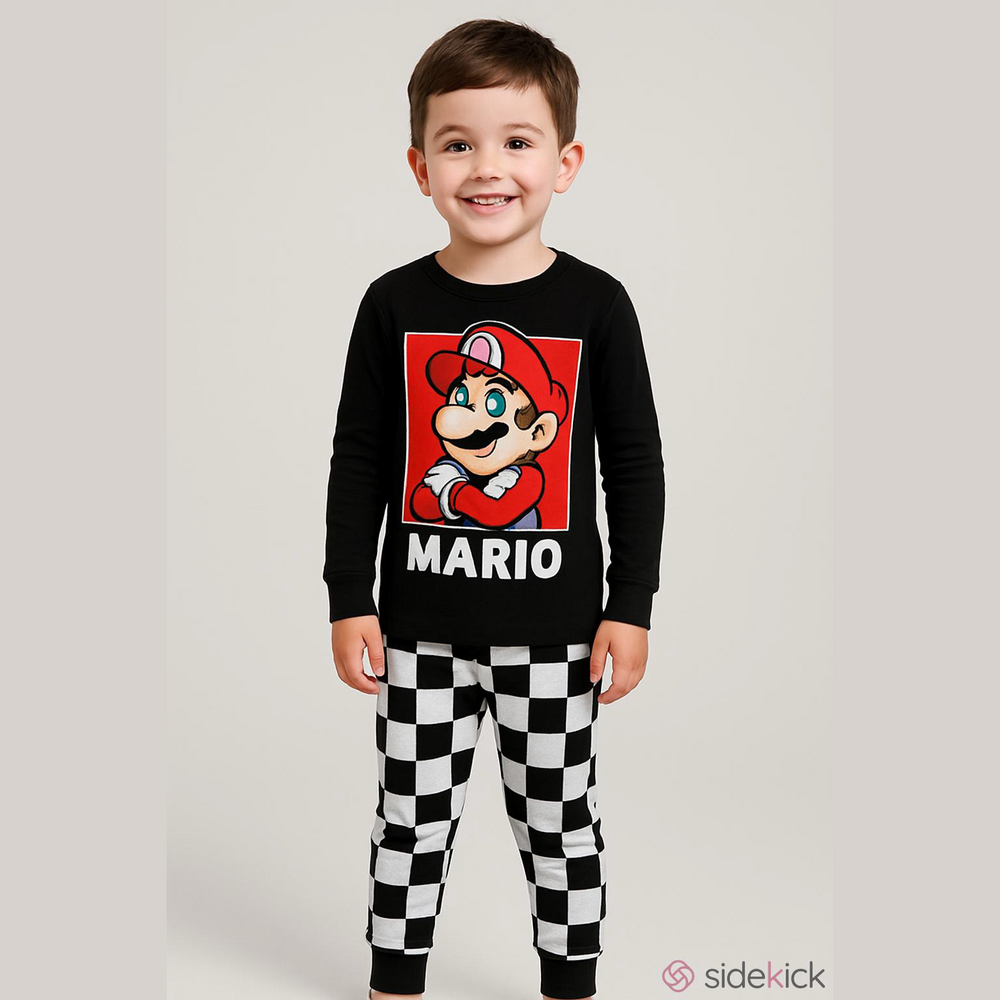 NWT Super Mario 2-Piece Pajama Set Boys Size 3T Black Checkered Sleepwear